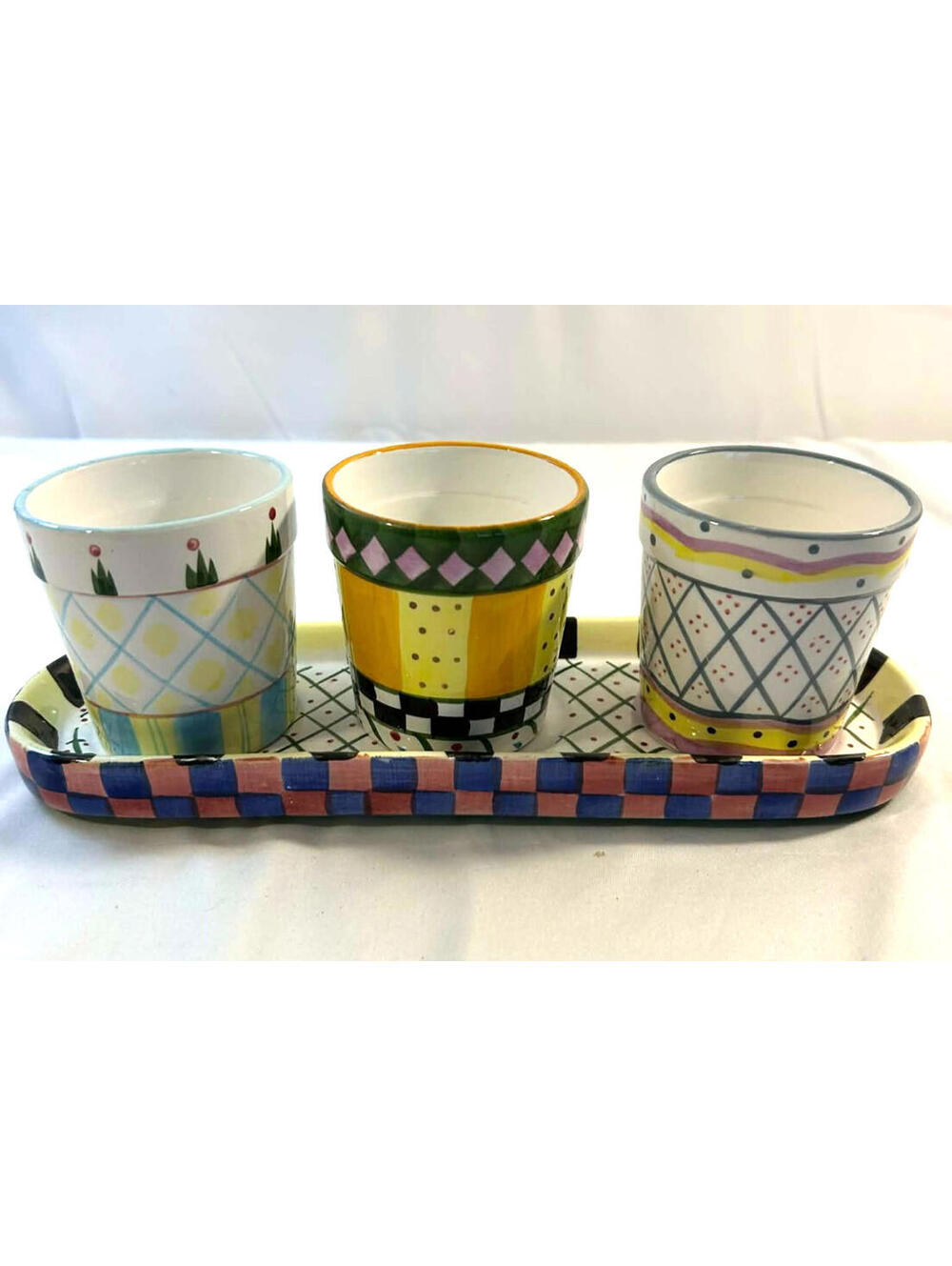 Ceramic Planter Set of 3 w Tray Colorful Geometric Pottery Garden Decor